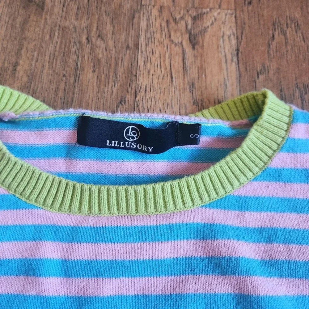 Lillusory Striped Knit Sweater Pink Blue Lime Green Crew Neck Pocket Small 519
